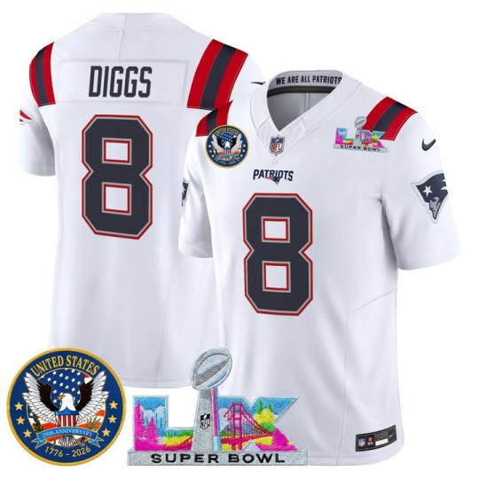 Men's New England Patriots #8 Stefon Diggs White 2026 F.U.S.E. Super Bowl LX & United States 250th Patch Vapor Limited Stitched Jersey