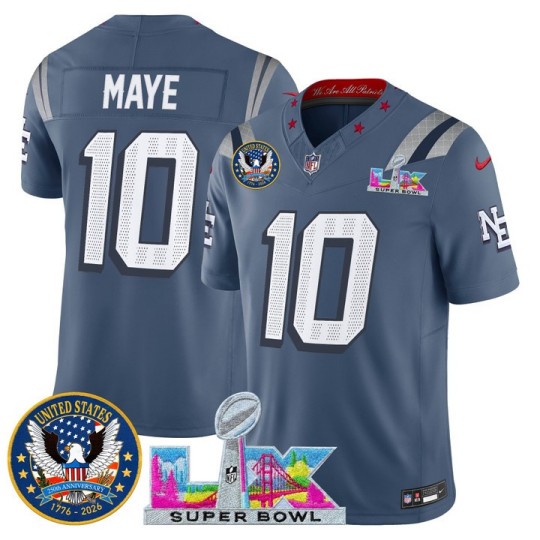 Men's New England Patriots #10 Drake Maye Storm Blue “Rivalries” 2026 F.U.S.E. Super Bowl LX & United States 250th Patch Vapor Limited Stitched Jersey