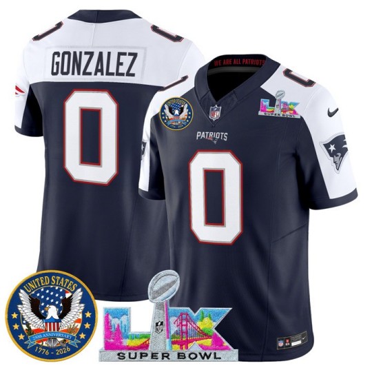 Men's New England Patriots #0 Christian Gonzalez Navy White 2026 F.U.S.E. Super Bowl LX & United States 250th Patch Vapor Limited Stitched Jersey