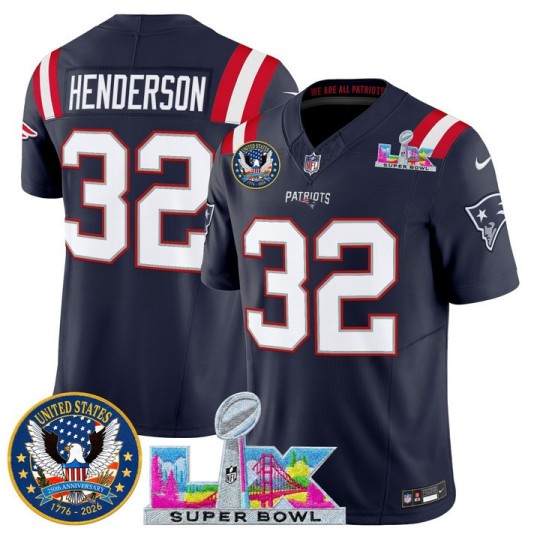 Men's New England Patriots #32 TreVeyon Henderson Navy 2026 F.U.S.E. Super Bowl LX & United States 250th Patch Vapor Limited Stitched Jersey