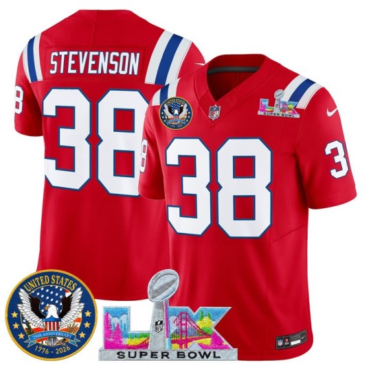 Men's New England Patriots #38 Rhamondre Stevenson Red 2026 F.U.S.E. Super Bowl LX & United States 250th Patch Vapor Limited Stitched Jersey