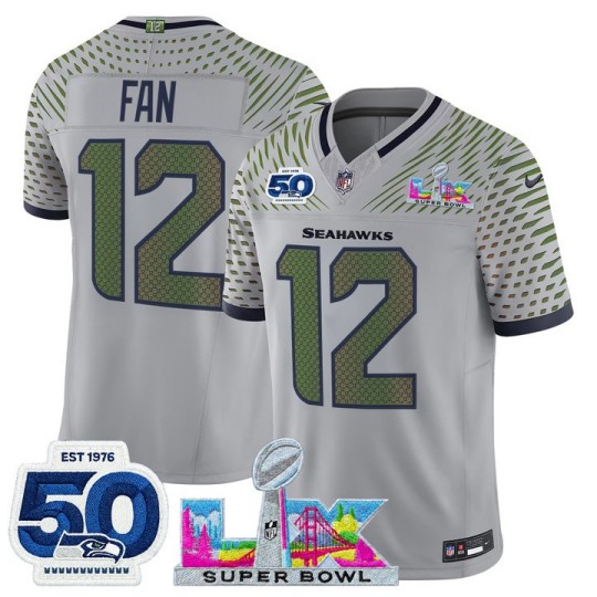 Men's Seattle Seahawks #12 Fan Grey 2026 F.U.S.E. Super Bowl LX Patch And 50th Season Patch “Rivalries” Vapor Limited Stitched Football Jerseys