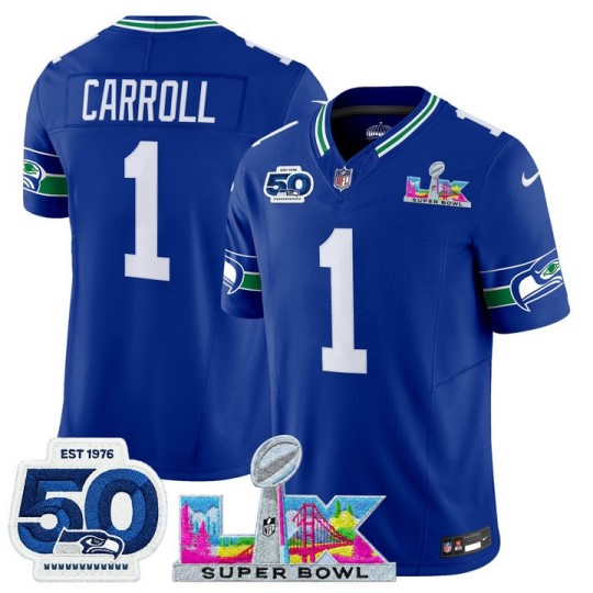 Men's Seattle Seahawks #1 Pete Carroll Royal 2026 F.U.S.E. Super Bowl LX Patch And 50th Season Patch Vapor Limited Stitched Football Jersey