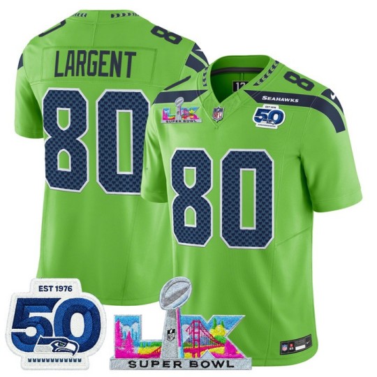 Men's Seattle Seahawks #80 Steve Largent Green 2026 F.U.S.E. Super Bowl LX Patch And 50th Season Patch Vapor Limited Stitched Football Jersey