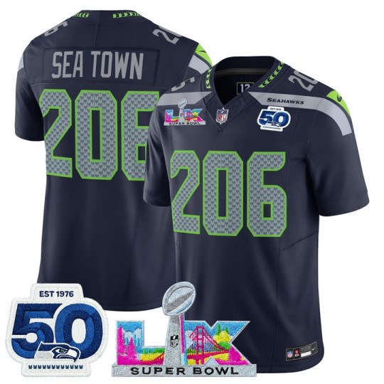 Men's Seattle Seahawks #206 Sea Town Navy 2026 F.U.S.E. Super Bowl LX Patch And 50th Season Patch Vapor Limited Stitched Football Jerseys