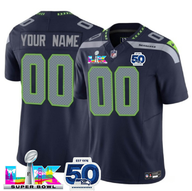 Men's Seattle Seahawks Active Player Custom Navy 2025 F.U.S.E. Super Bowl LX Patch And 50th Season Patch Vapor Limited Stitched Football Jersey