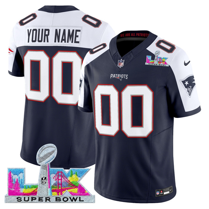 Men's New England Patriots Active Player Custom Navy White 2025 F.U.S.E. Super Bowl LX Patch Vapor Limited Stitched Football Jersey