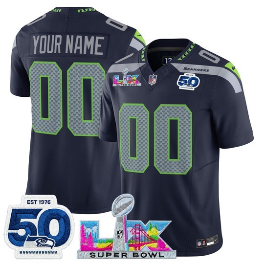 Men's Seattle Seahawks Active Player Custom Navy 2026 F.U.S.E. Super Bowl LX Patch And 50th Season Patch Vapor Limited Stitched Football Jerseys