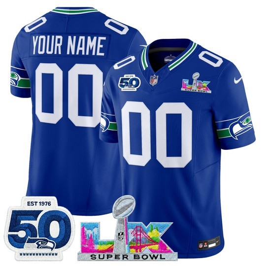 Men's Seattle Seahawks Active Player Custom Royal 2026 F.U.S.E. Super Bowl LX Patch And 50th Season Patch Vapor Limited Stitched Football Jersey