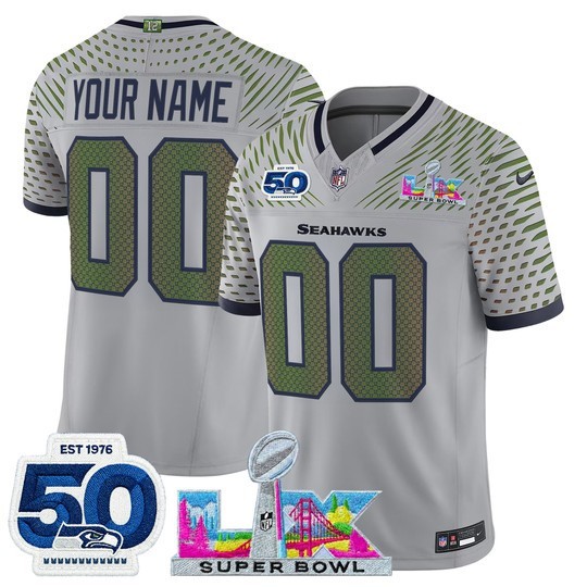 Men's Seattle Seahawks Active Player Custom Grey 2026 F.U.S.E. Super Bowl LX Patch And 50th Season Patch “Rivalries” Vapor Limited Stitched Football Jerseys