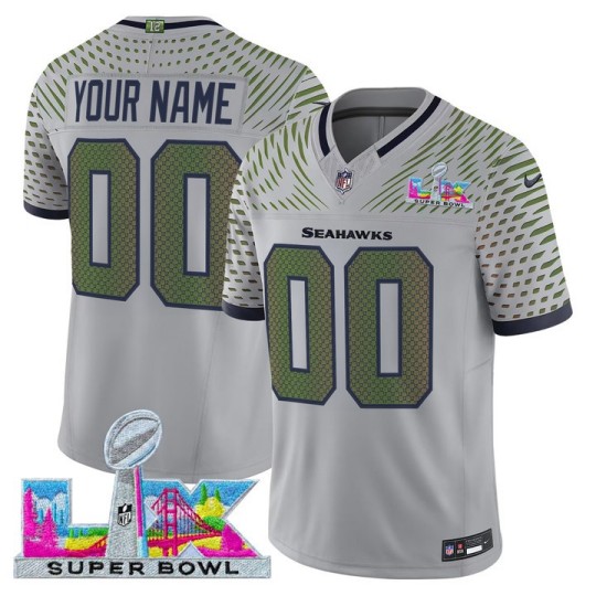 Men's Seattle Seahawks Active Player Custom Grey “Rivalries” 2026 F.U.S.E. Super Bowl LX Patch Vapor Limited Stitched Football Jersey