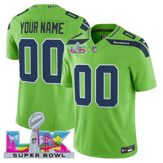 Men's Seattle Seahawks Active Player Custom Green 2026 F.U.S.E. Super Bowl LX Patch Vapor Limited Stitched Football Jersey