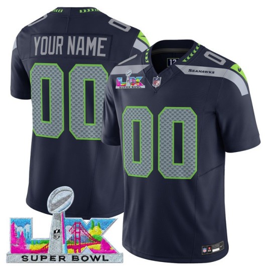 Men's Seattle Seahawks Active Player Custom Navy 2026 F.U.S.E. Super Bowl LX Patch Vapor Limited Stitched Football Jersey