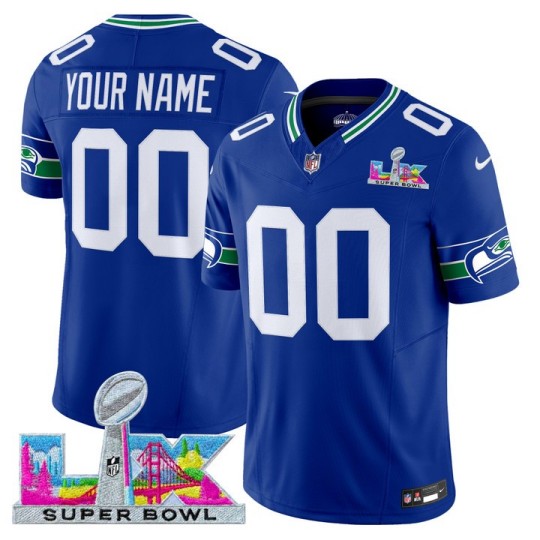Men's Seattle Seahawks Active Player Custom Royal 2026 F.U.S.E. Super Bowl LX Patch Vapor Limited Stitched Football Jersey