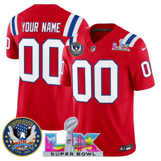 Men's New England Patriots Active Player Custom Red 2026 F.U.S.E. Super Bowl LX & United States 250th Patch Vapor Limited Stitched Jersey