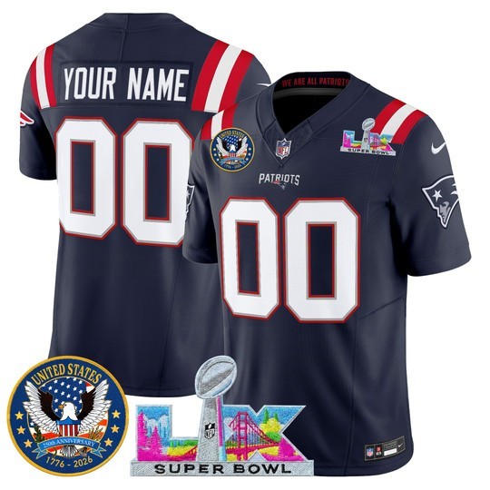 Men's New England Patriots Active Player Custom Navy 2026 F.U.S.E. Super Bowl LX & United States 250th Patch Vapor Limited Stitched Jersey