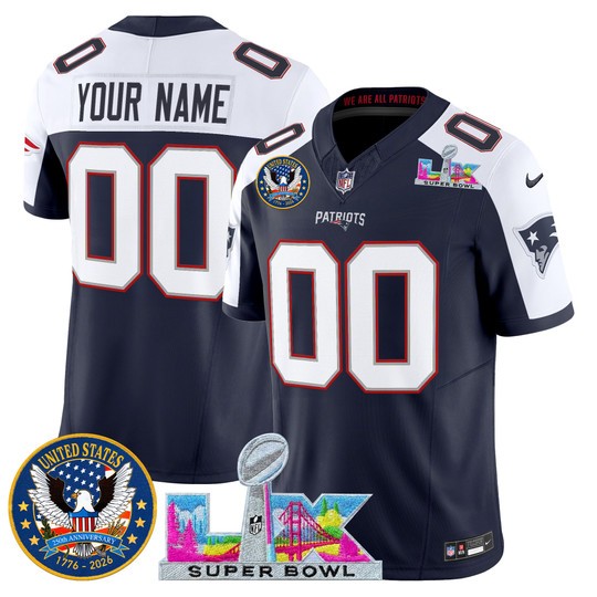 Men's New England Patriots Active Player Custom Navy White 2026 F.U.S.E. Super Bowl LX & United States 250th Patch Vapor Limited Stitched Jersey
