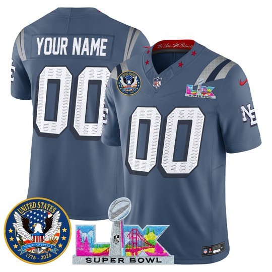 Men's New England Patriots Active Player Custom Storm Blue “Rivalries” 2026 F.U.S.E. Super Bowl LX & United States 250th Patch Vapor Limited Stitched Jersey