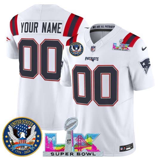 Men's New England Patriots Active Player Custom White 2026 F.U.S.E. Super Bowl LX & United States 250th Patch Vapor Limited Stitched Jersey