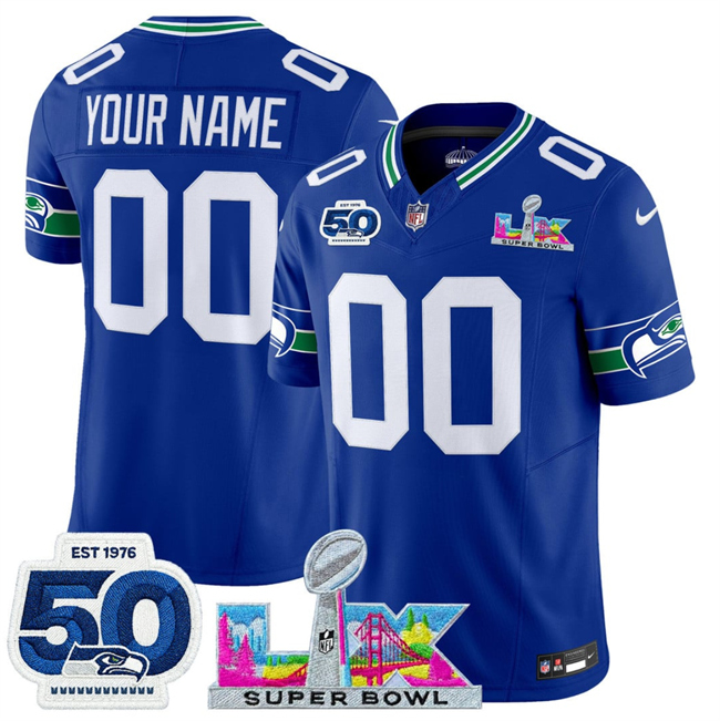 Youth Seattle Seahawks Active Player Custom Royal 2025 F.U.S.E. Super Bowl LX Patch And 50th Season Patch Vapor Throwback Limited Stitched Football Jersey