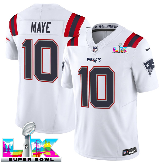 Women's New England Patriots #10 Drake Maye White 2025 F.U.S.E. Super Bowl LX Patch Vapor Limited Stitched Football Jersey(Run Small)
