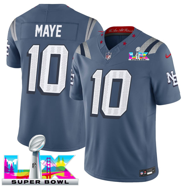 Women's New England Patriots #10 Drake Maye Storm Blue 2025 F.U.S.E. Super Bowl LX Patch “Rivalries” Vapor Limited Stitched Football Jersey(Run Small)