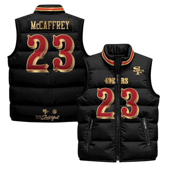 Men's San Francisco 49ers #23 Christian McCaffrey Black Rivalries 2025 Printed Puffer Vest