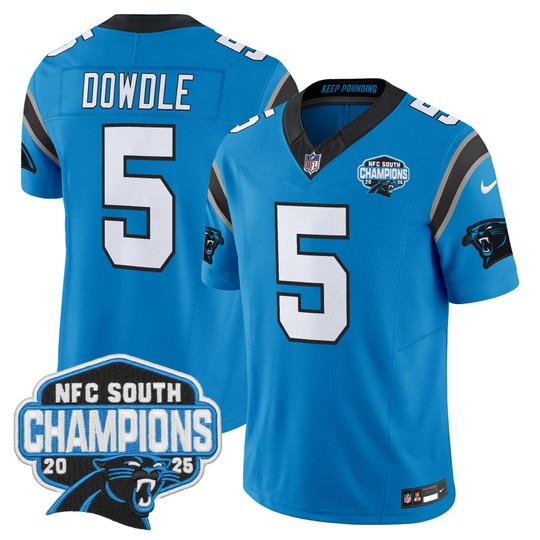 Men's Carolina Panthers #5 Rico Dowdle Blue 2025 NFC South Division Champions F.U.S.E. Vapor Limited Stitched Jersey