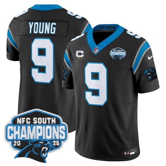 Men's Carolina Panthers #9 Bryce Young Black 2025 NFC South Division Champions F.U.S.E. Vapor Limited Stitched Jersey