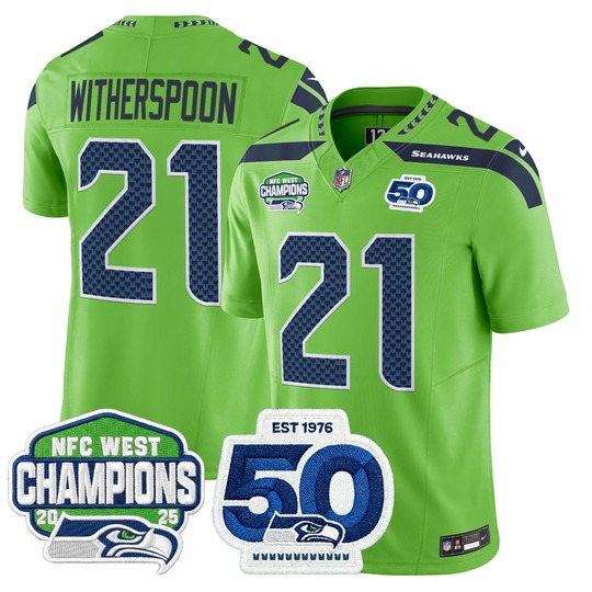 Men's Seattle Seahawks #21 Devon Witherspoon Green 2025 NFC West Division Champions & 50th Anniversary Patch F.U.S.E. Vapor Limited Stitched Jersey