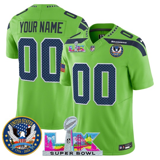 Men & Women & Youth Seattle Seahawks Custom Green 2026 Super Bowl LX & United States 250th Patch F.U.S.E. Vapor Limited Stitched Jersey