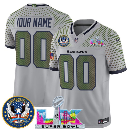 Men & Women & Youth Seattle Seahawks Custom Wolf Gray “Rivalries” 2026 Super Bowl LX & United States 250th Patch F.U.S.E. Vapor Limited Stitched Jersey