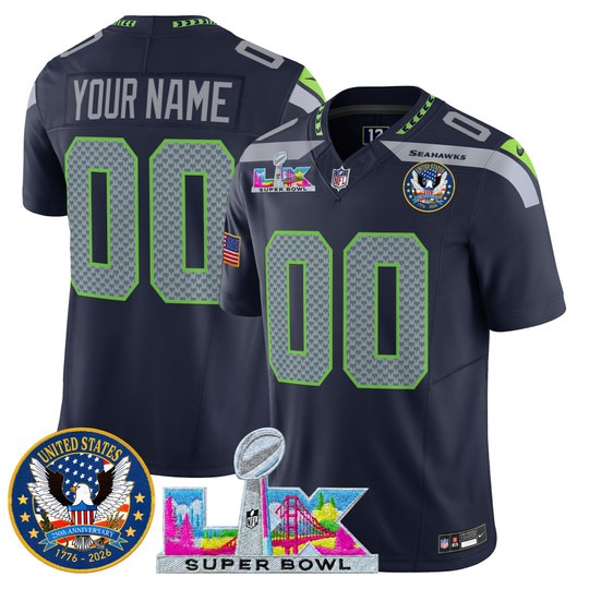 Men & Women & Youth Seattle Seahawks Custom Navy 2026 Super Bowl LX & United States 250th Patch F.U.S.E. Vapor Limited Stitched Jersey