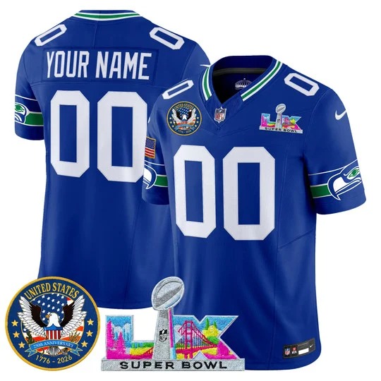 Men & Women & Youth Seattle Seahawks Custom Royal 2026 Super Bowl LX & United States 250th Patch F.U.S.E. Vapor Limited Stitched Jersey