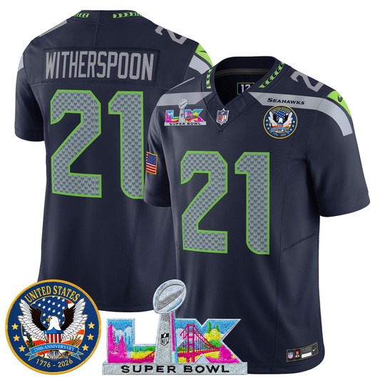 Men's Seattle Seahawks #21 Devon Witherspoon Navy 2026 Super Bowl LX & United States 250th Patch F.U.S.E. Vapor Limited Stitched Jersey