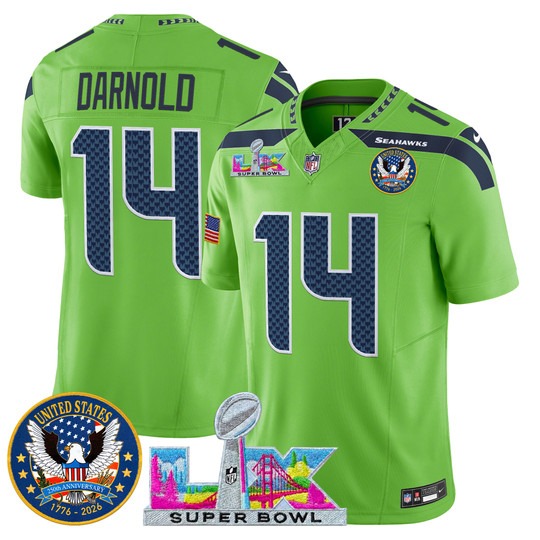 Men's Seattle Seahawks #14 Sam Darnold Green 2026 Super Bowl LX & United States 250th Patch F.U.S.E. Vapor Limited Stitched Jersey