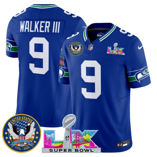 Men's Seattle Seahawks #9 Kenneth Walker III Royal 2026 Super Bowl LX & United States 250th Patch F.U.S.E. Vapor Limited Stitched Jersey