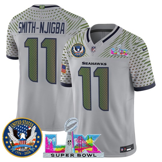 Men's Seattle Seahawks #11 Jaxon Smith-Njigba Wolf Gray “Rivalries” 2026 Super Bowl LX & United States 250th Patch F.U.S.E. Vapor Limited Stitched Jersey