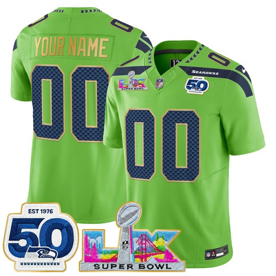 Men & Women & Youth Seattle Seahawks Custom Green 2026 Super Bowl LX & 50th Patch Gold Trim F.U.S.E. Vapor Limited Stitched Jersey