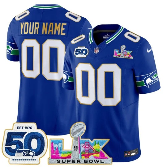 Men & Women & Youth Seattle Seahawks Custom Royal 2026 Super Bowl LX & 50th Patch Gold Trim F.U.S.E. Vapor Limited Stitched Jersey