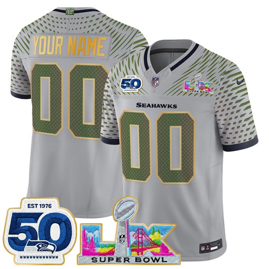 Men & Women & Youth Seattle Seahawks Custom Wolf Gray 2026 Super Bowl LX & 50th Patch Gold Trim F.U.S.E. Vapor Limited Stitched Jersey