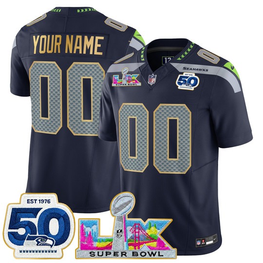 Men & Women & Youth Seattle Seahawks Custom Navy 2026 Super Bowl LX & 50th Patch Gold Trim F.U.S.E. Vapor Limited Stitched Jersey
