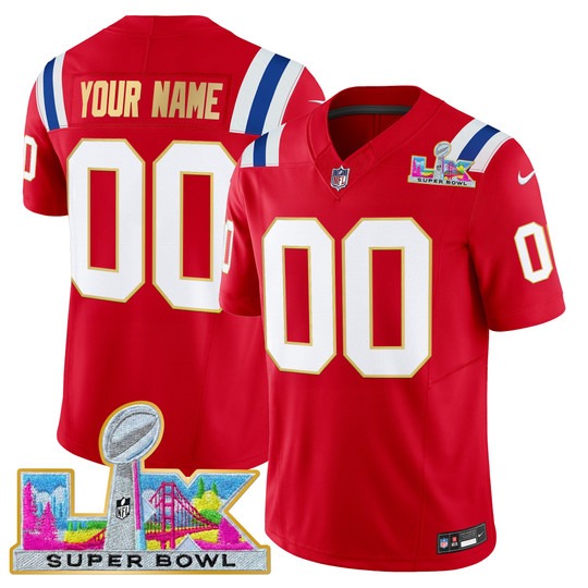 Men & Women & Youth New England Patriots Custom Red 2026 Super Bowl LX Gold Trim F.U.S.E. Vapor Limited Stitched Jersey