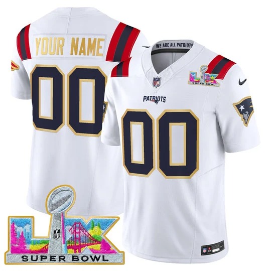 Men & Women & Youth New England Patriots Custom White 2026 Super Bowl LX Gold Trim F.U.S.E. Vapor Limited Stitched Jersey