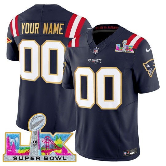 Men & Women & Youth New England Patriots Custom Navy 2026 Super Bowl LX Gold Trim F.U.S.E. Vapor Limited Stitched Jersey