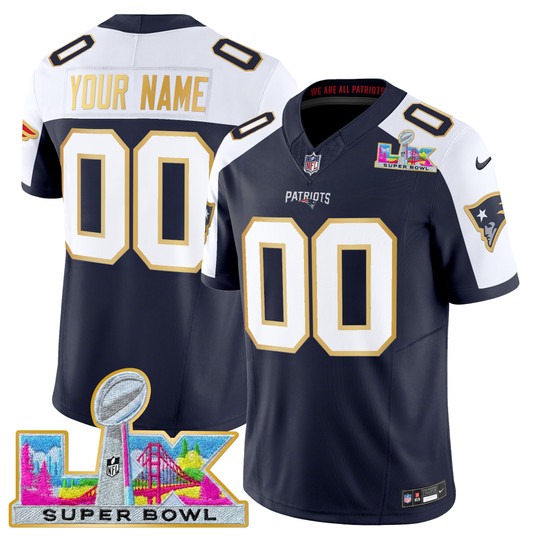 Men & Women & Youth New England Patriots Custom Navy White 2026 Super Bowl LX Gold Trim F.U.S.E. Vapor Limited Stitched Jersey