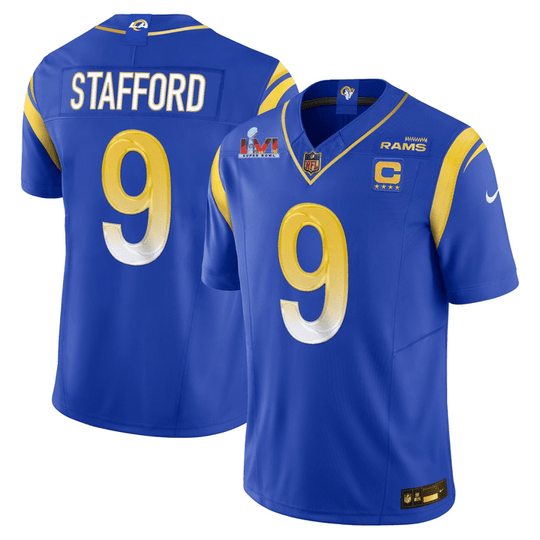 Men's Los Angeles Rams #9 Matthew Stafford Royal F.U.S.E. Super Bowl LVI & 4-star C Patch Gold Trim Vapor Limited Stitched Jersey