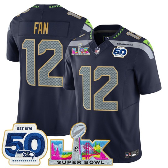 Men's Seattle Seahawks #12 Fan Navy 'Gold Trim' 2026 Super Bowl LX & 50th Patch F.U.S.E. Vapor Limited Stitched Jersey