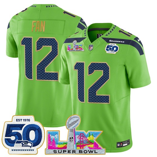Men's Seattle Seahawks #12 Fan Green 'Gold Trim' 2026 Super Bowl LX & 50th Patch F.U.S.E. Vapor Limited Stitched Jersey