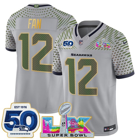 Men's Seattle Seahawks #12 Fan Wolf Gray 'Gold Trim' 2026 Super Bowl LX & 50th Patch F.U.S.E. Vapor Limited Stitched Jersey